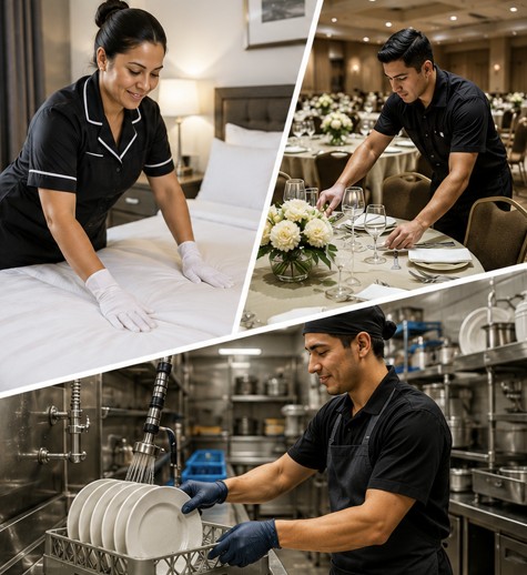 Hotel housekeeping, banquet setup, and dishwasher staff